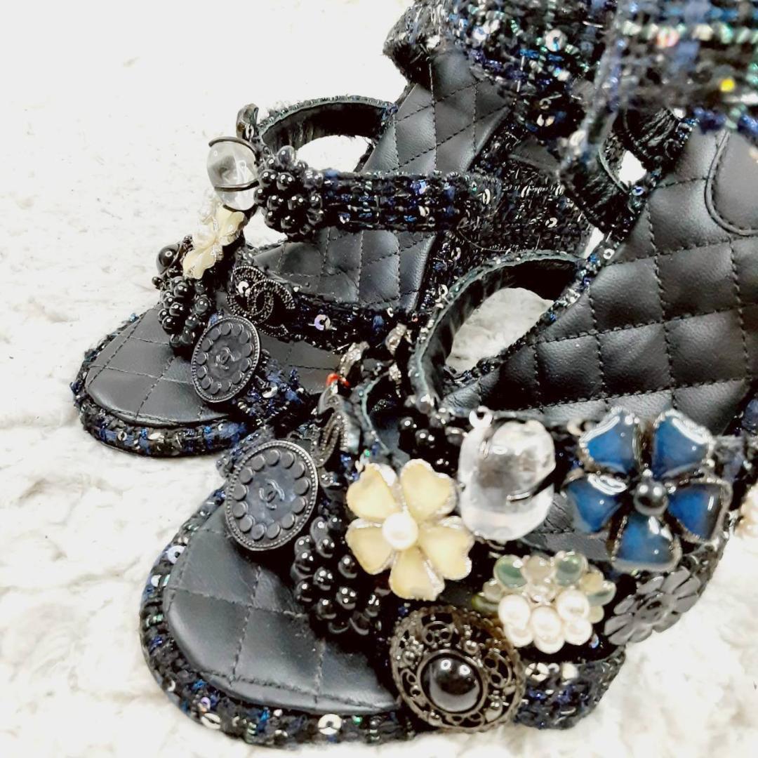 美品 24㎝◎CHANEL シャネル グリポア ツイードサンダル ブラック 黒