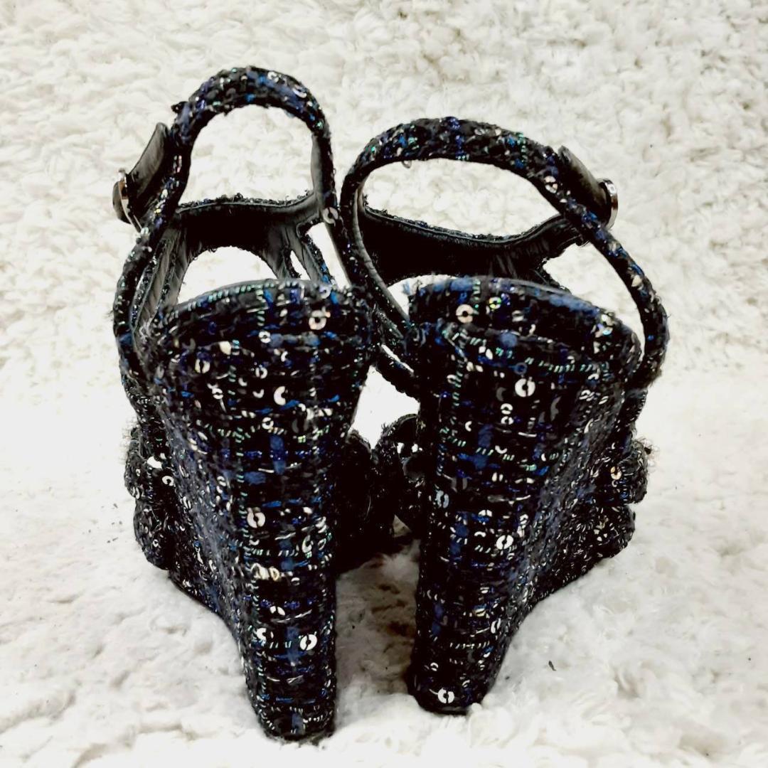 美品 24㎝◎CHANEL シャネル グリポア ツイードサンダル ブラック 黒