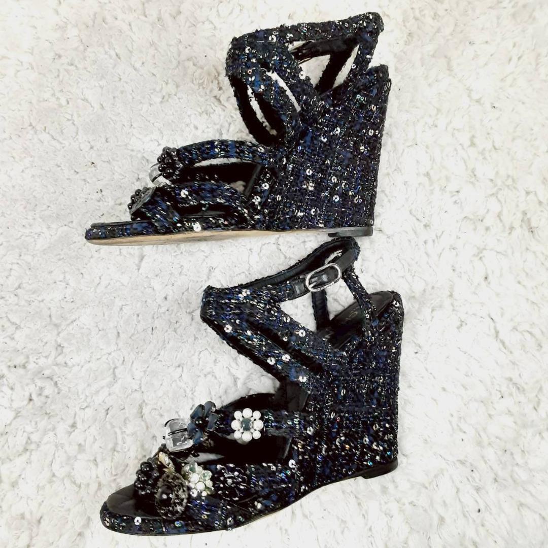 美品 24㎝◎CHANEL シャネル グリポア ツイードサンダル ブラック 黒