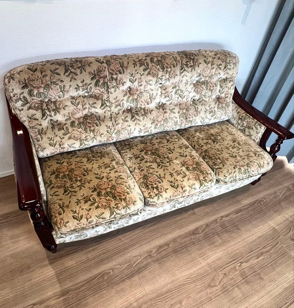 すずきさ！オールドカリモク 3Pソファ／花柄ファブリック／ヴィンテージ