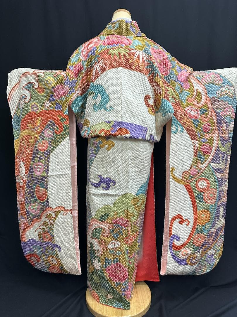 藤娘きぬたや 総絞り 白地 波鶴橘 小紋バック振袖 長襦袢2点セット