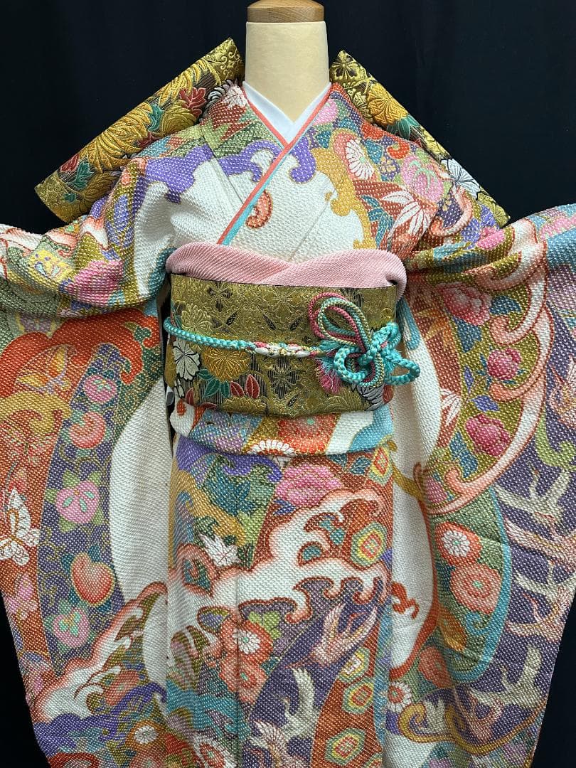 藤娘きぬたや 総絞り 白地 波鶴橘 小紋バック振袖 長襦袢2点セット