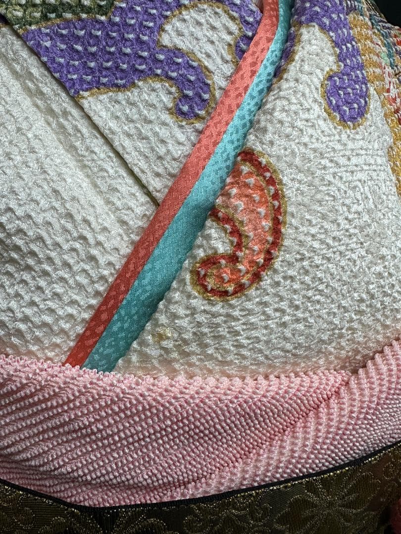 藤娘きぬたや 総絞り 白地 波鶴橘 小紋バック振袖 長襦袢2点セット