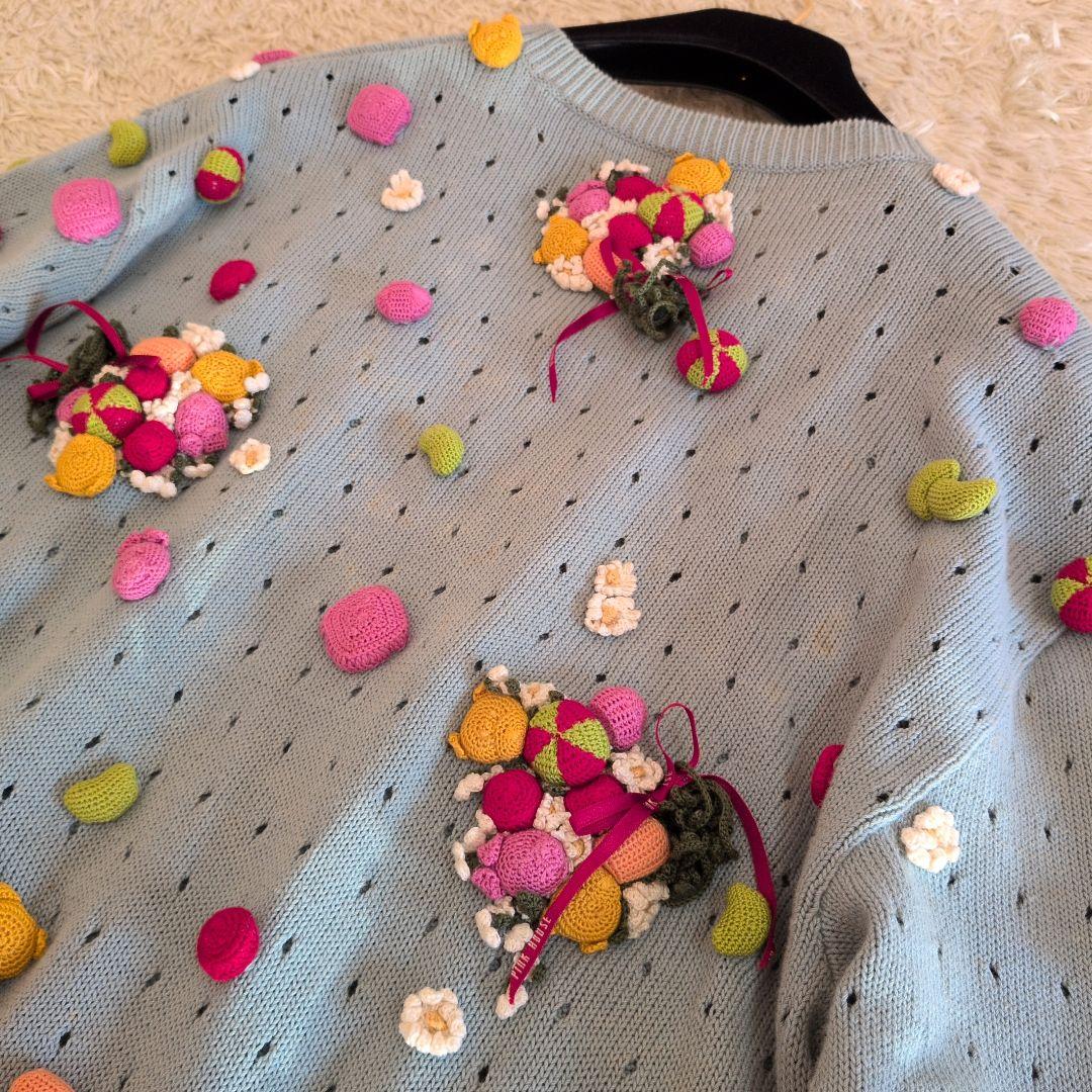 希少★PINK HOUSE　カーディガン　モチーフ編み　花　コットン