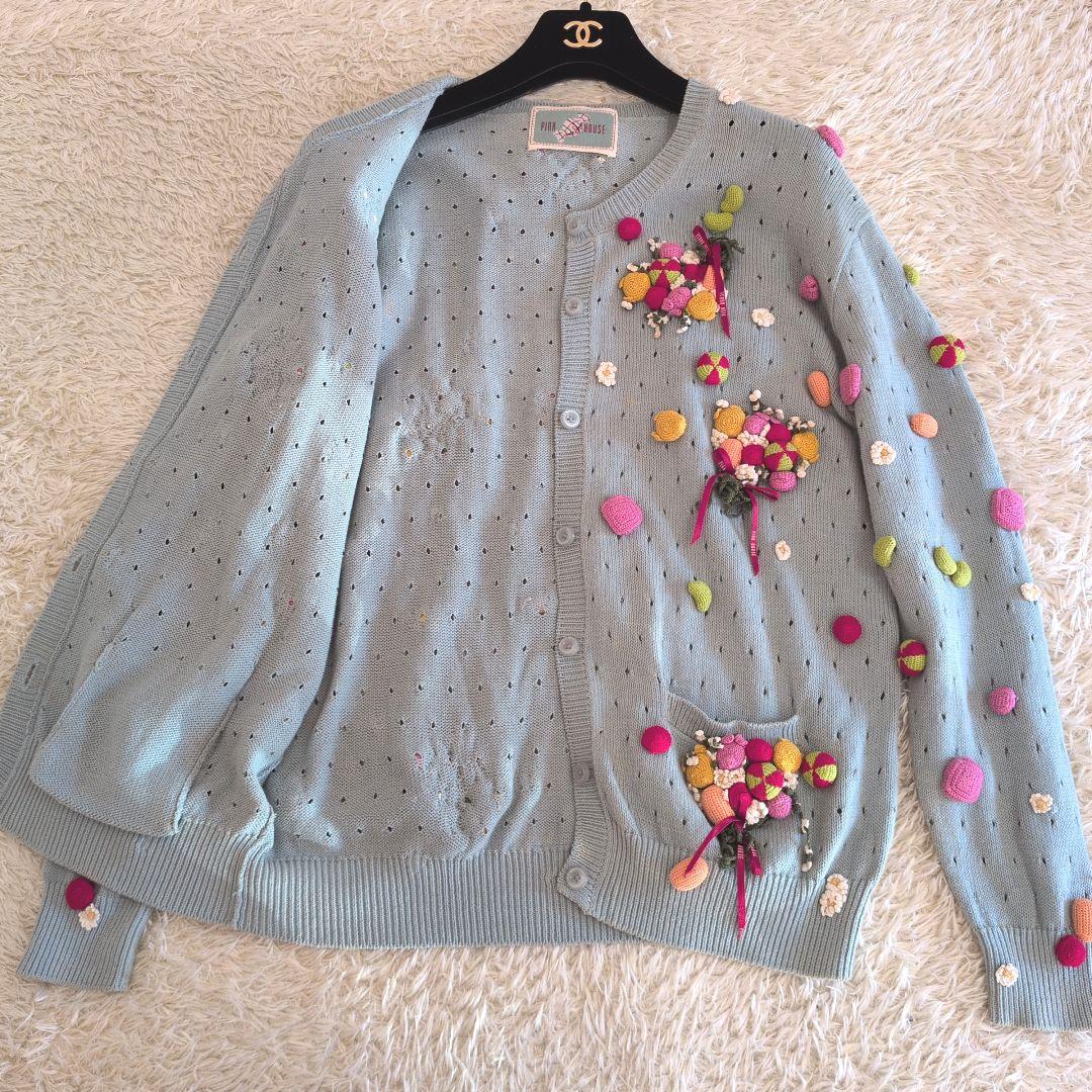 希少★PINK HOUSE　カーディガン　モチーフ編み　花　コットン