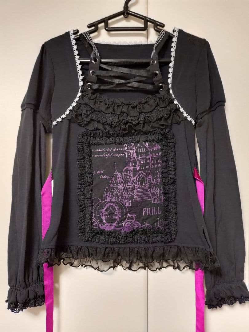 【美品】h.NAOTO「FRILL」 レースアップ長袖カットソー 黒