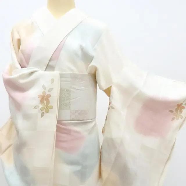 Y2401◇新品 袷 正絹 半襟・仕付け糸付 手縫い 桜 市松 長襦袢 着物