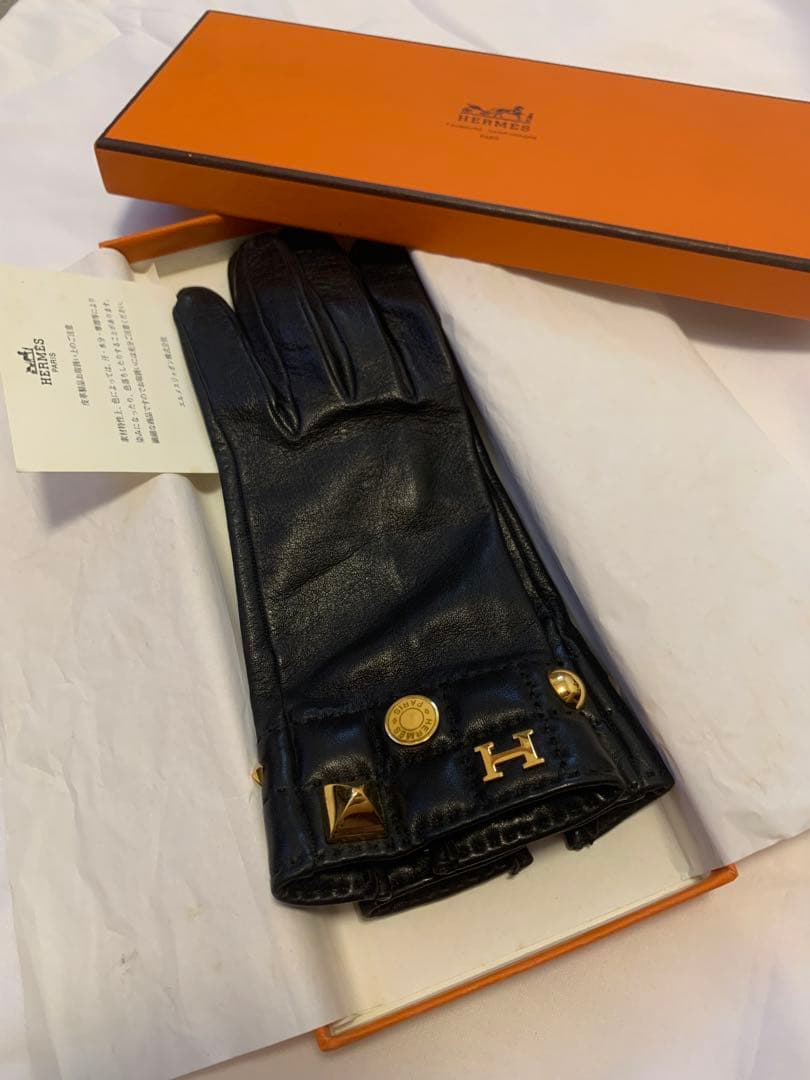 HERMES ブラック レザー手袋 箱付き