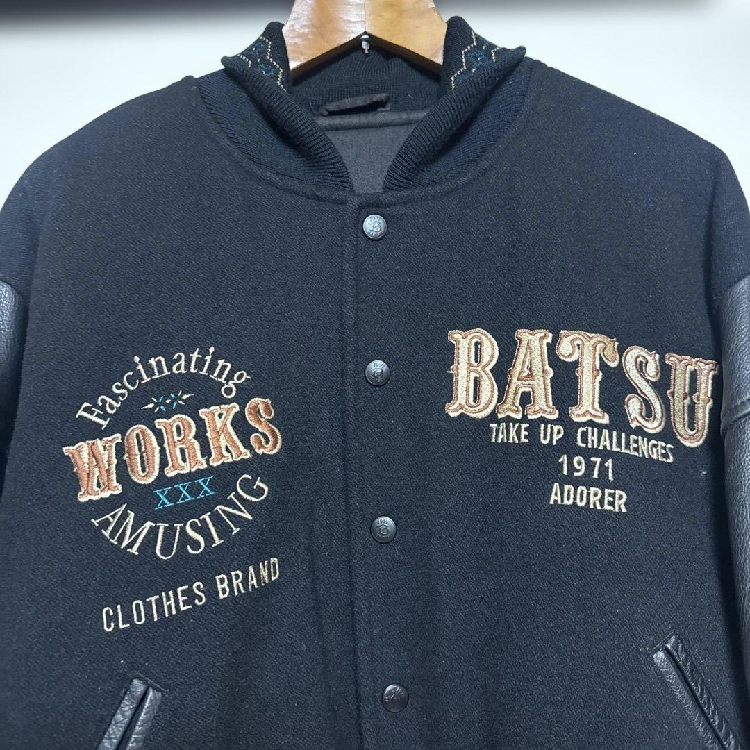 80's 90's BATSU スタジャン　袖レザー　刺繍ワッペン　ジップアップ