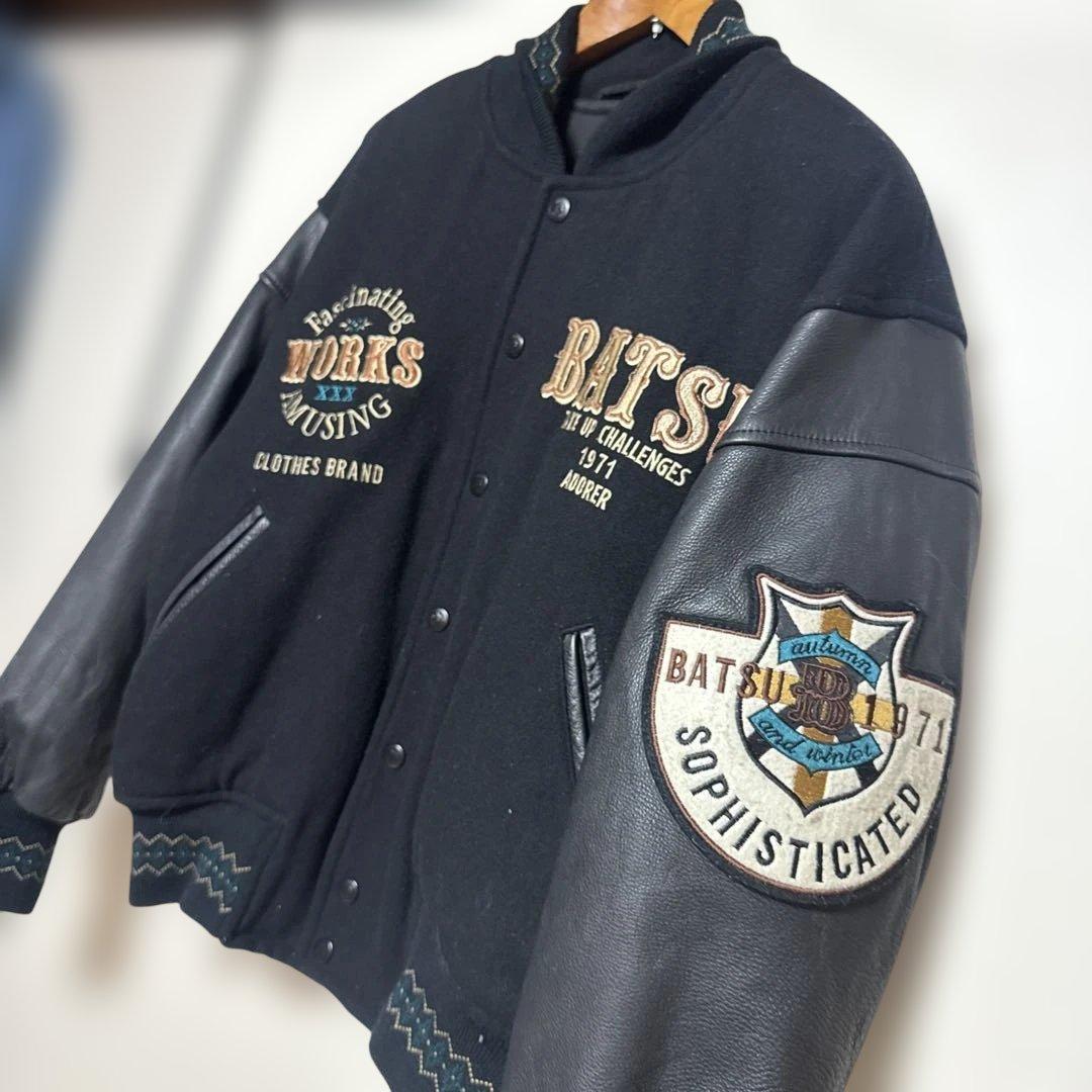 80's 90's BATSU スタジャン　袖レザー　刺繍ワッペン　ジップアップ