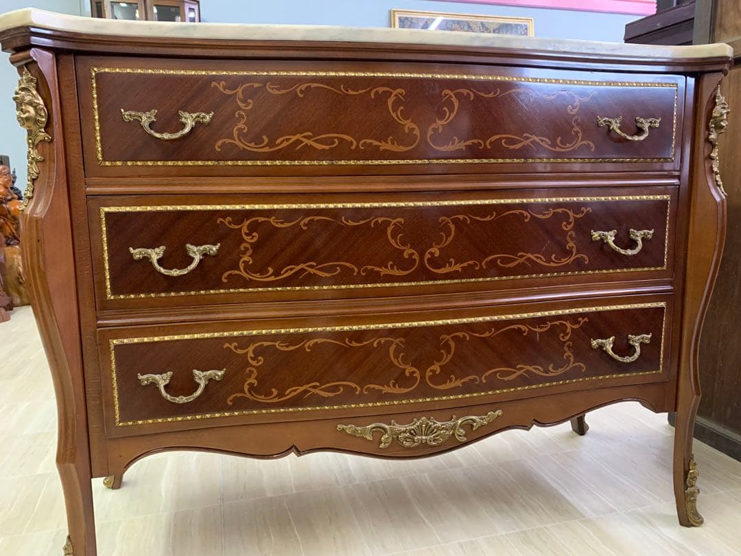 【アンティーク】フレンチスタイル 木製チェスト 3引き出し 大理石天板