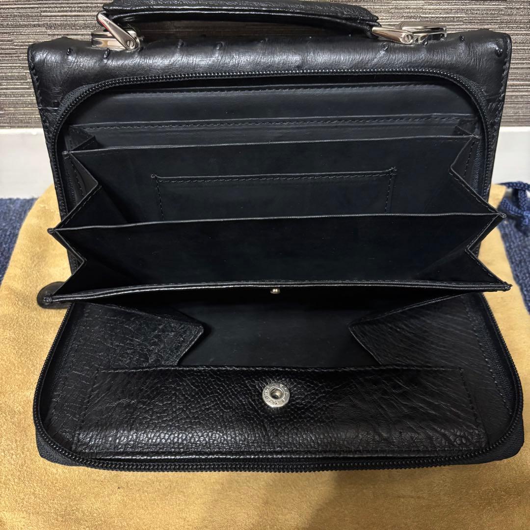 オーストリッチ セカンドバッグ ハンドバッグ ブラック シルバー金具