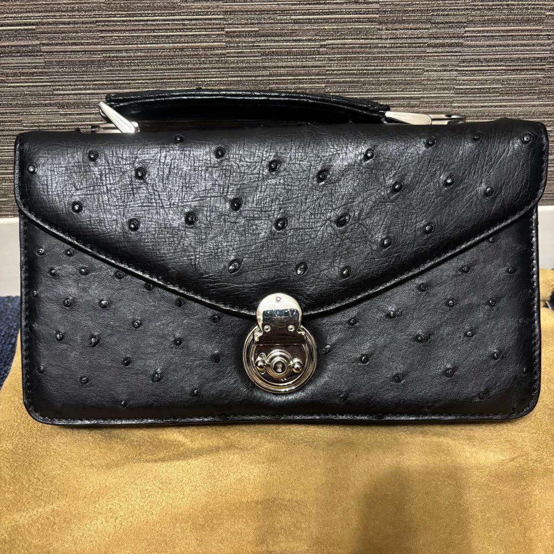 オーストリッチ セカンドバッグ ハンドバッグ ブラック シルバー金具
