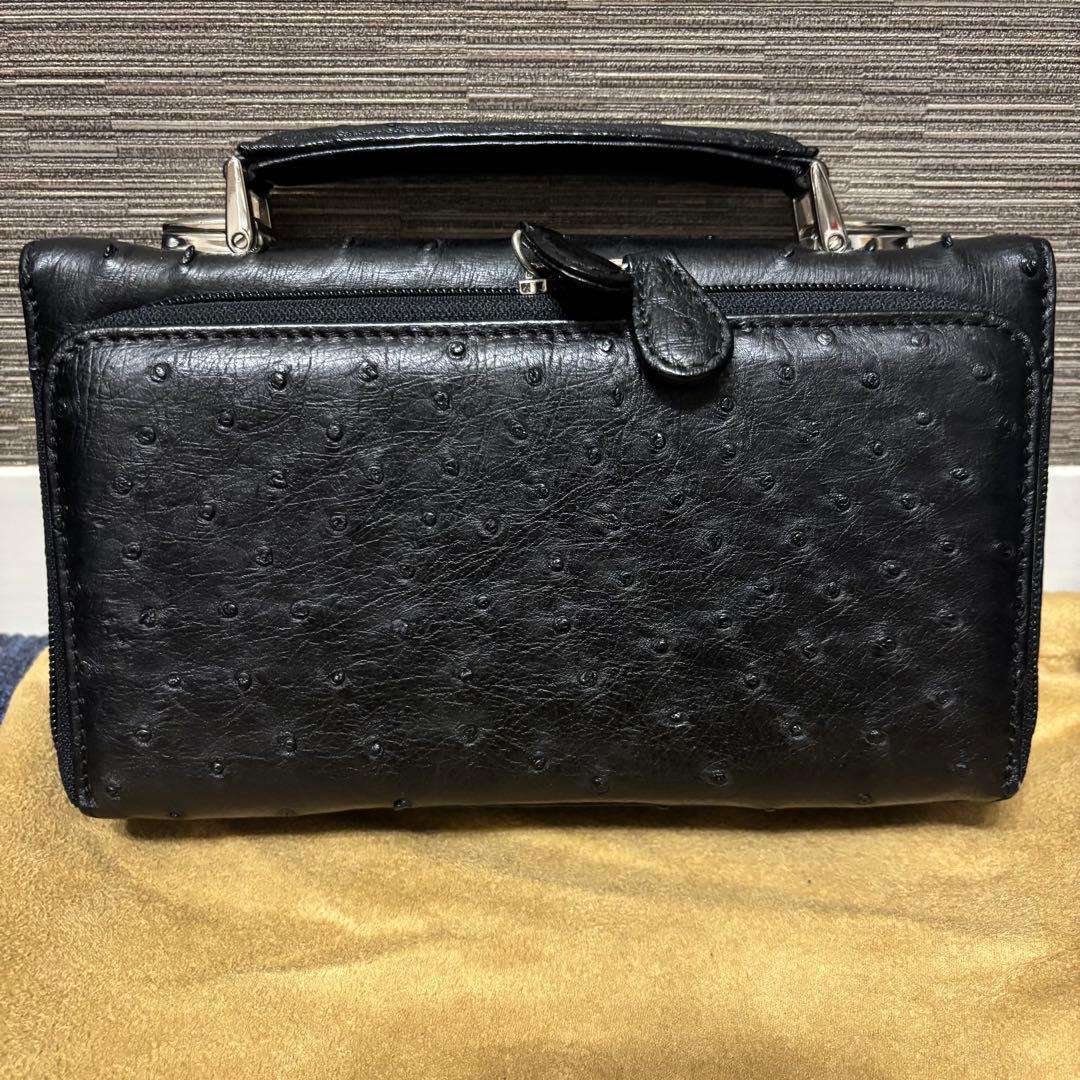 オーストリッチ セカンドバッグ ハンドバッグ ブラック シルバー金具