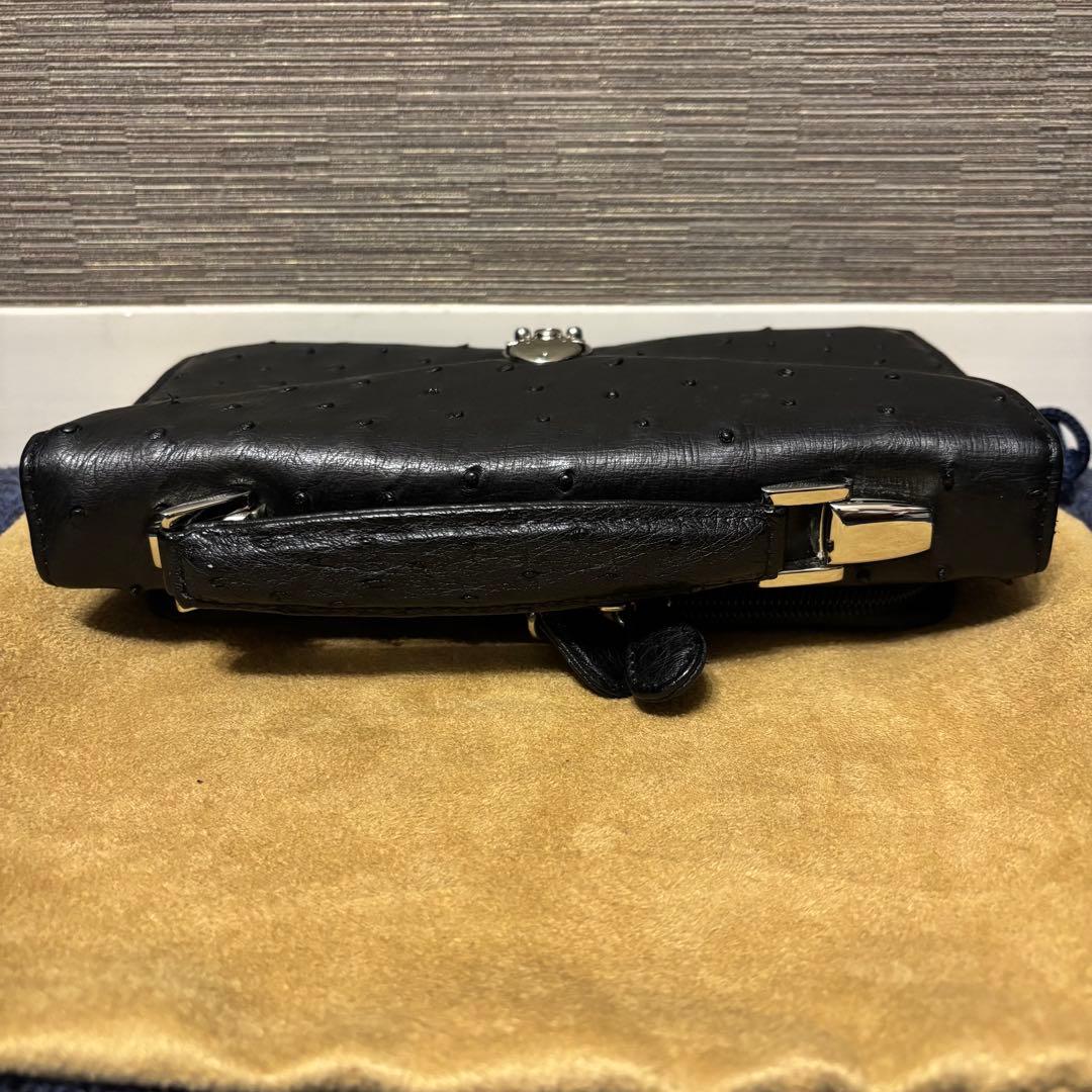 オーストリッチ セカンドバッグ ハンドバッグ ブラック シルバー金具