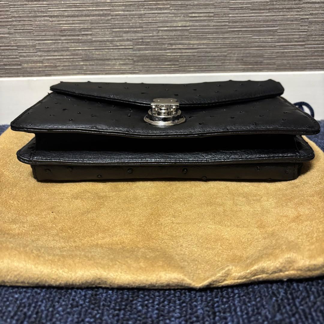 オーストリッチ セカンドバッグ ハンドバッグ ブラック シルバー金具
