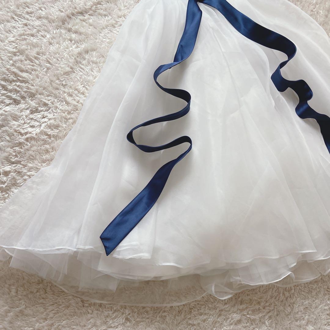 美品　キッズドレス　140 ステージドレス　リボン　発表会　白紺　花柄刺繍