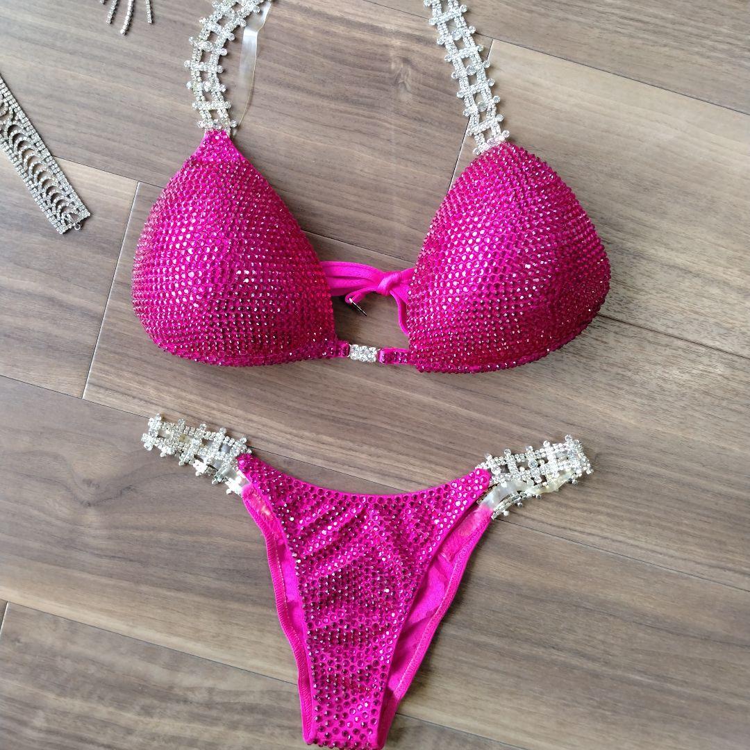コンテストビキニ　4点セットピアス2種とブレスレット 　パッションピンク