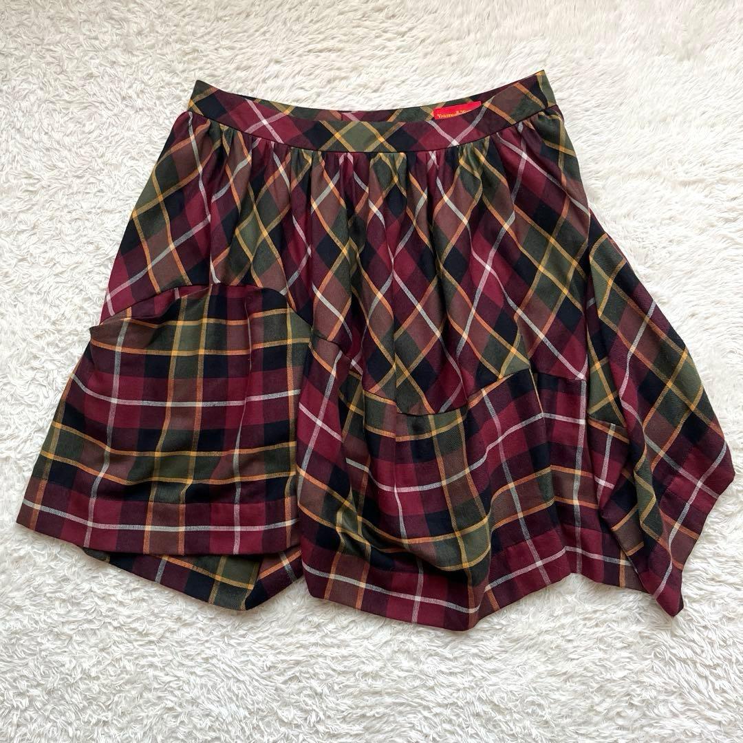 【ヴィヴィアンウエストウッド】変形ミニスカート　フレア　ロゴボタン　チェック　3