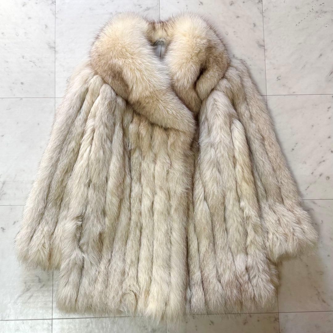 フォックスファー 毛皮コート ボリュームネック ホワイト × ベージュ FREE