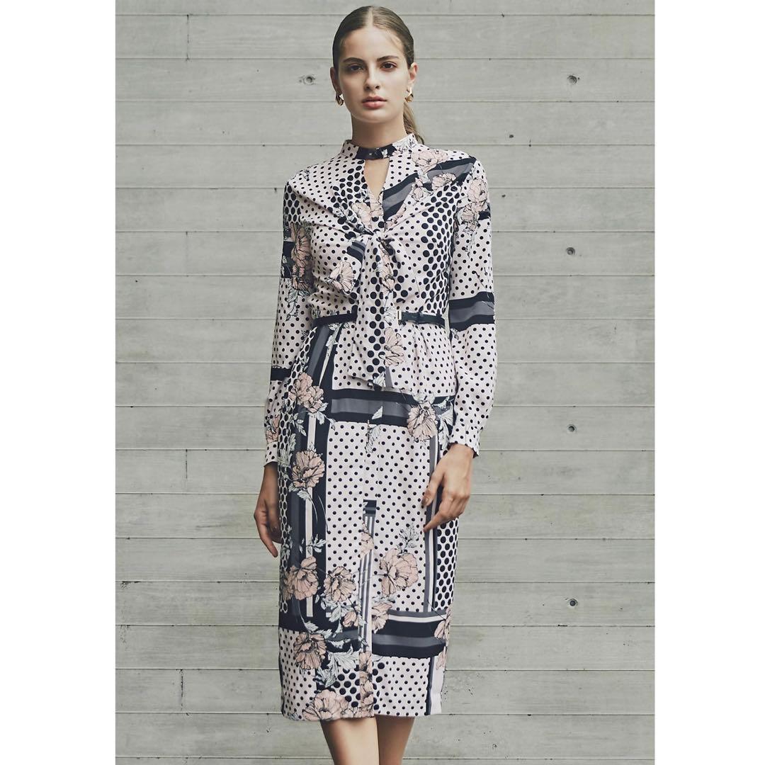 美品★Pinky&Dianne ラインブロックフラワープリントワンピース