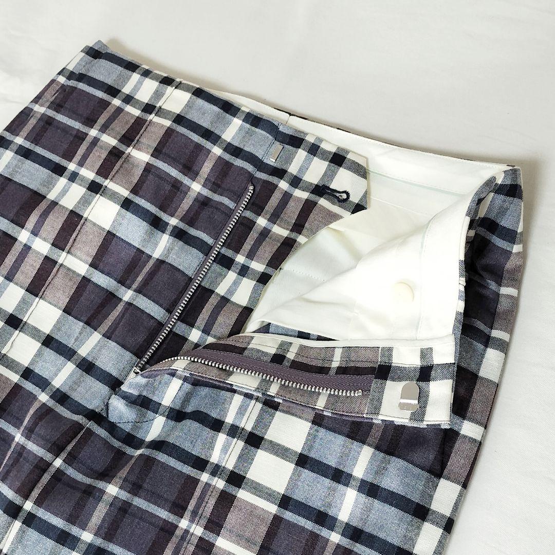美品 Drawer パープルチェック フロントステッチパンツ 34