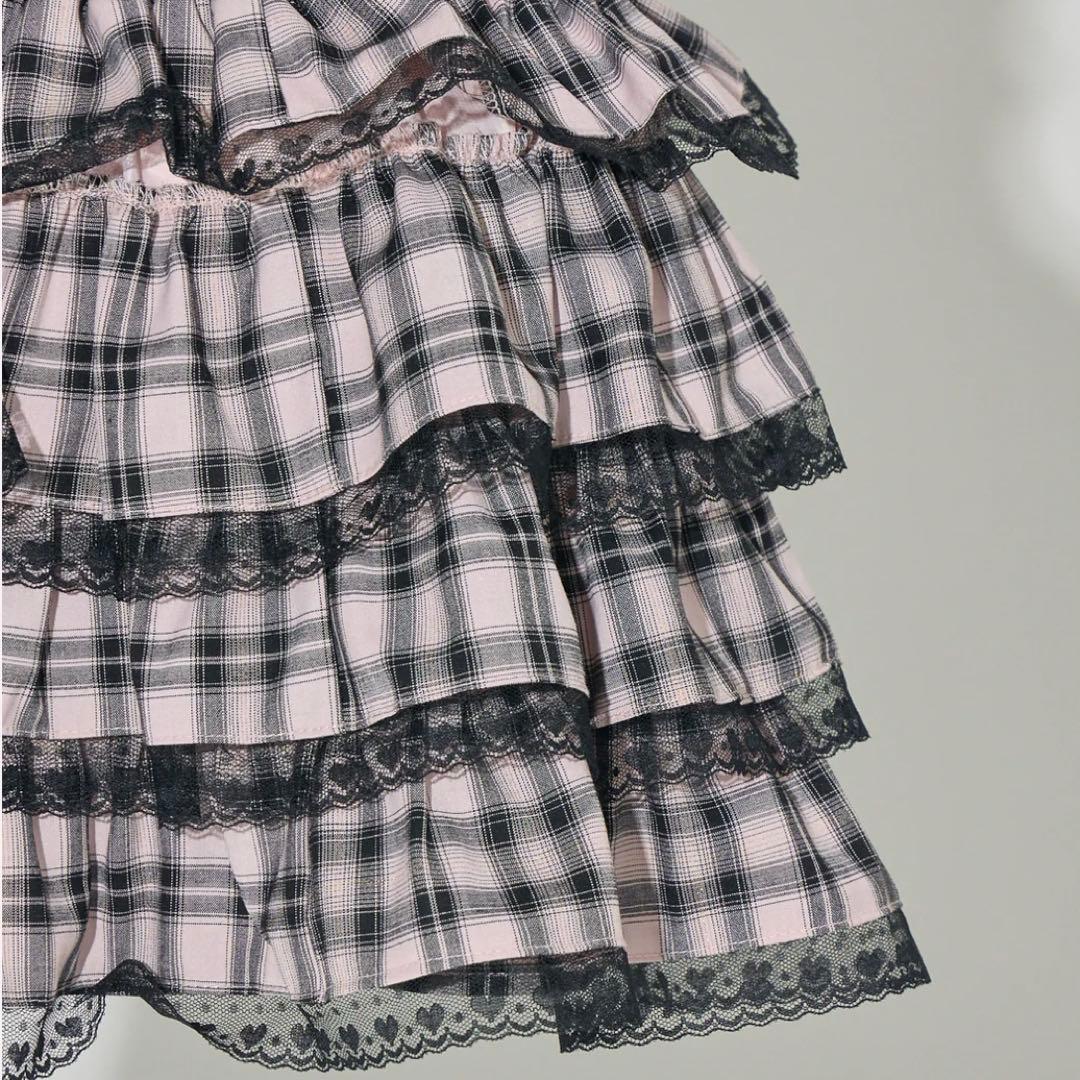 pium シャーリングティアードチェックスカート ピンク