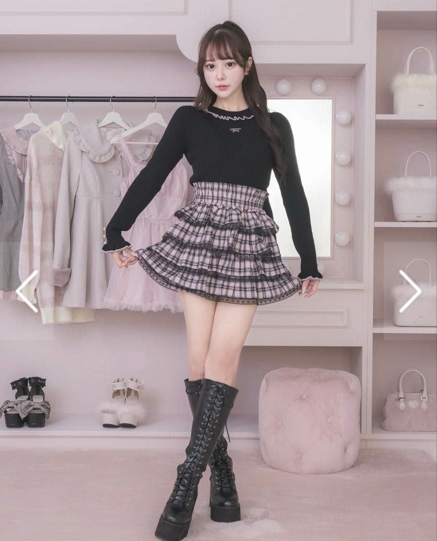 pium シャーリングティアードチェックスカート ピンク