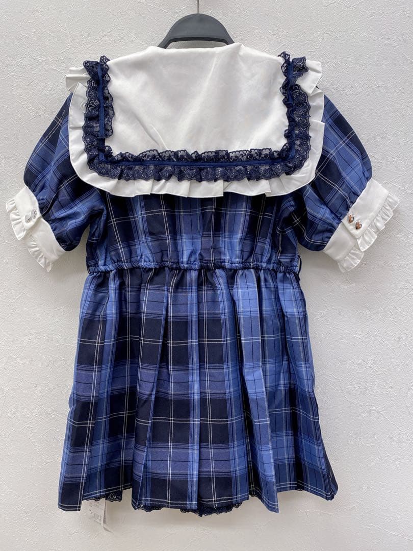 セーラービジューレースフリルワンピース L ミニ　ネイビーチェ　新品