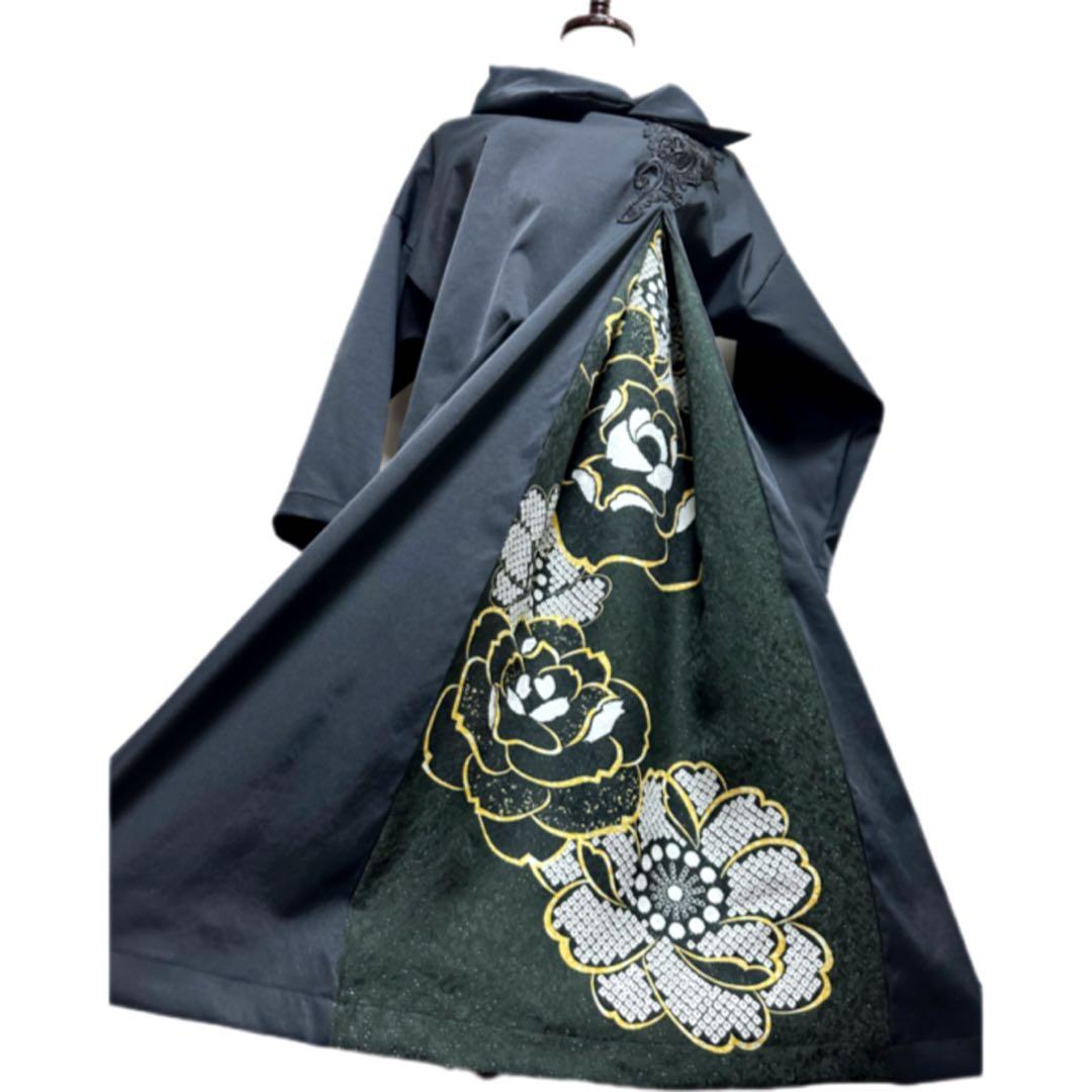 振袖　着物リメイク　ドレス　黒×ラメに薔薇や桜　和柄　ワンピース　ハンドメイド