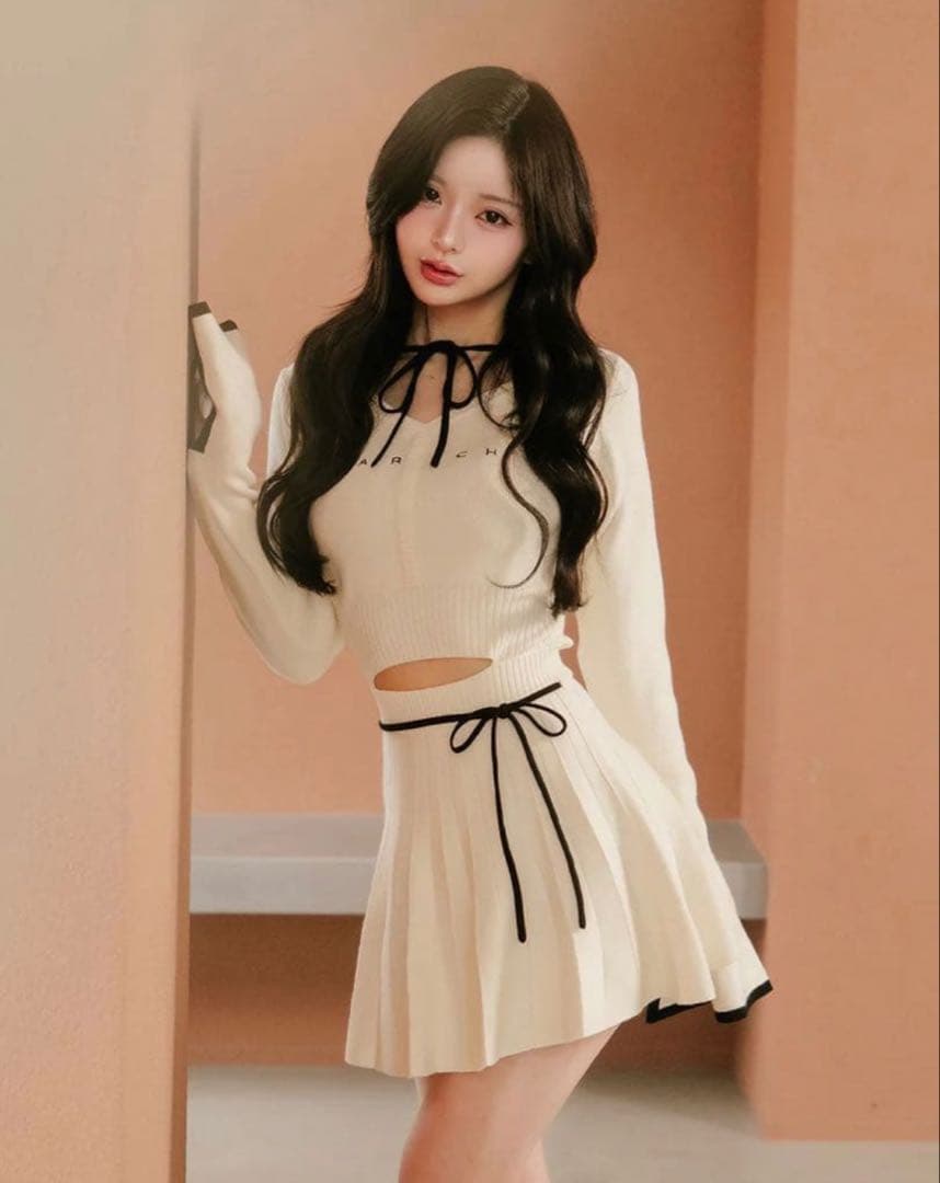 darich ウエストオープンリボンデザインニットミニワンピースFLEE