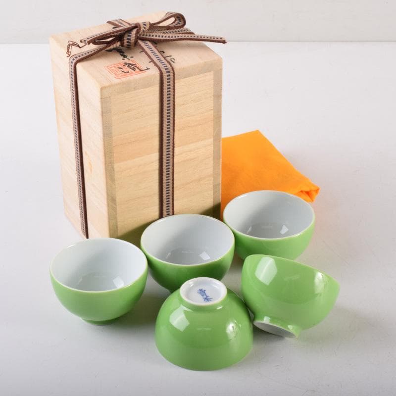 煎茶道具　賣茶流　黄緑釉　祝壽茶碗　五客　共布共箱　V　7978