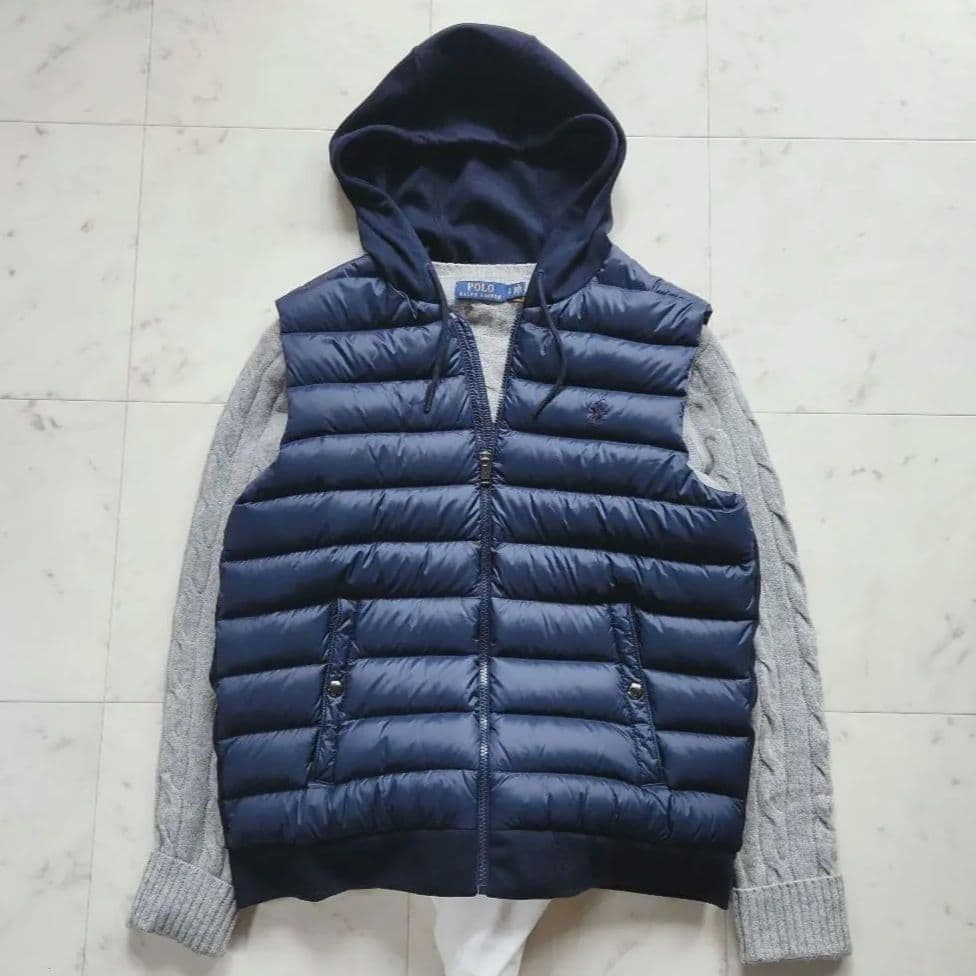 美品 ラルフローレン 切替 ポニー刺繍 ダウンベスト 紺 フード付き Mサイズ