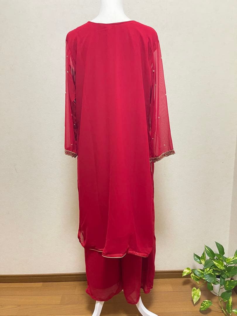 インド民族衣装高級レッド刺繍クルタセット／豪華インドパーティードレス【OT14】