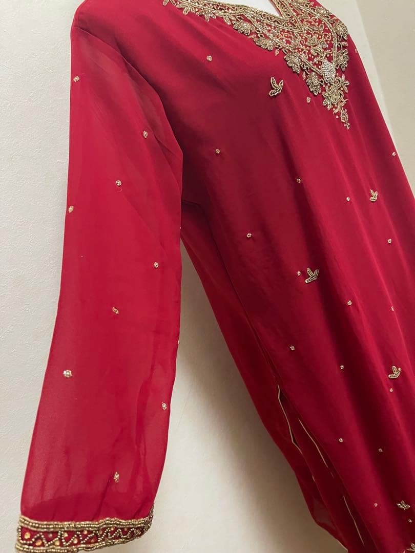 インド民族衣装高級レッド刺繍クルタセット／豪華インドパーティードレス【OT14】