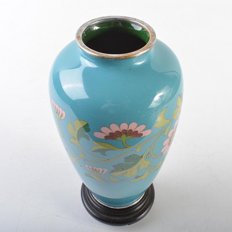 七宝焼　花文　花瓶　唐木台付　時代箱　C　R6204