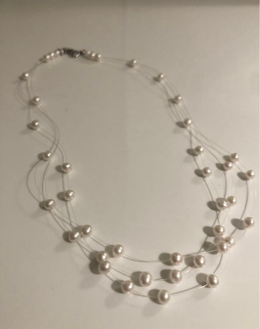 TASAKI 田崎真珠　3連パール　ワイヤー　テグス　ネックレス　美品