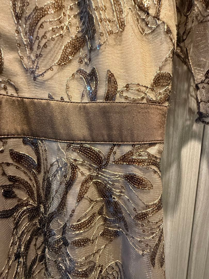 Leja スパンコール花柄刺繍プチハイネックウエストマークAラインワンピース