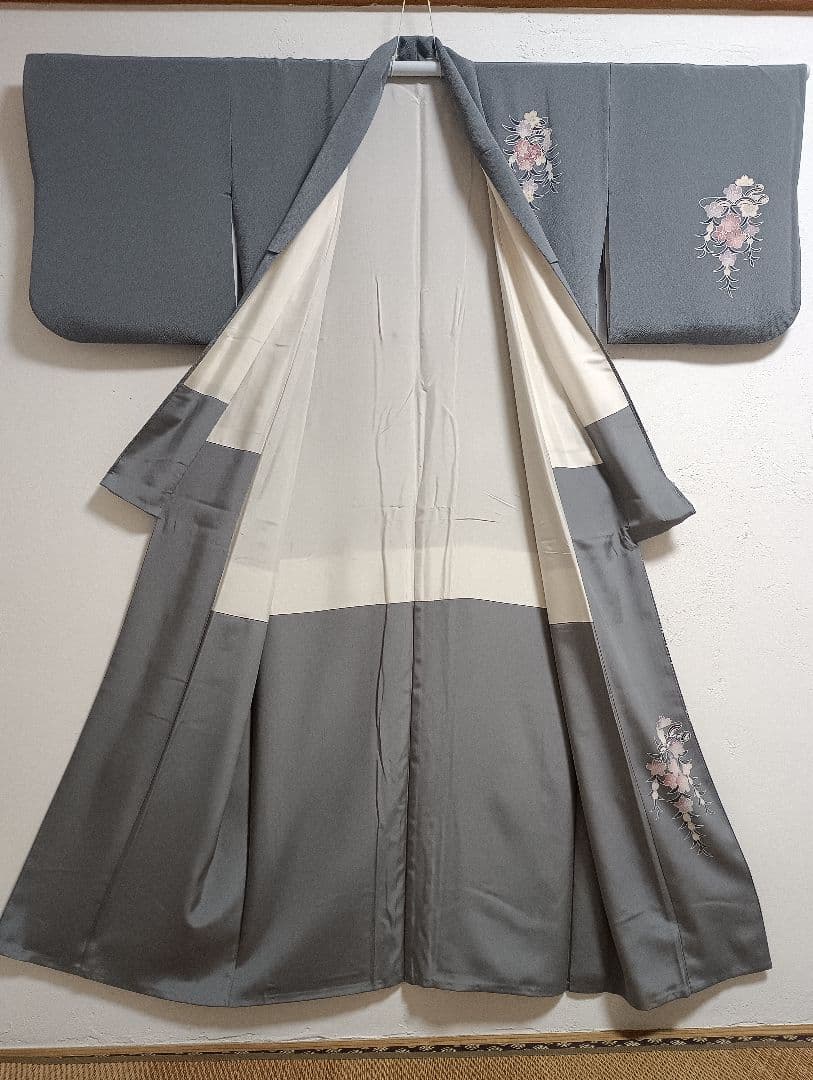 訪問着　正絹　袷　縮緬　ブルーグレー　桜