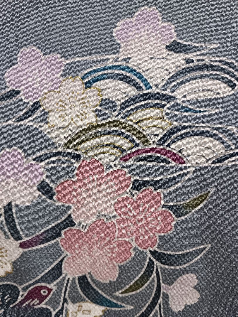 訪問着　正絹　袷　縮緬　ブルーグレー　桜