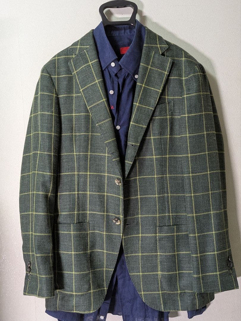 ★ルイジボレッリ メンズテーラードジャケット グリーン 46 本切羽 チェック柄