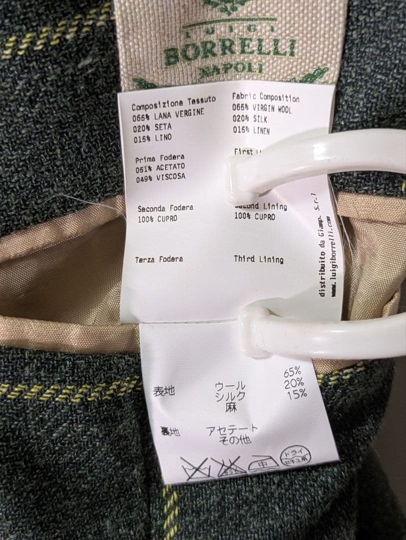 ★ルイジボレッリ メンズテーラードジャケット グリーン 46 本切羽 チェック柄