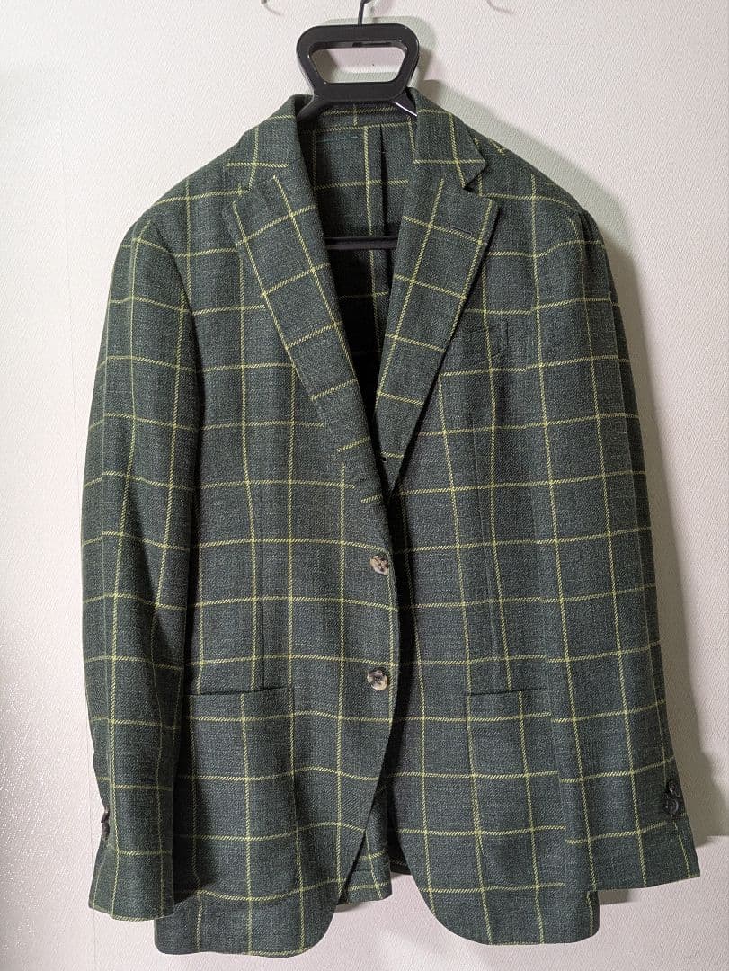 ★ルイジボレッリ メンズテーラードジャケット グリーン 46 本切羽 チェック柄