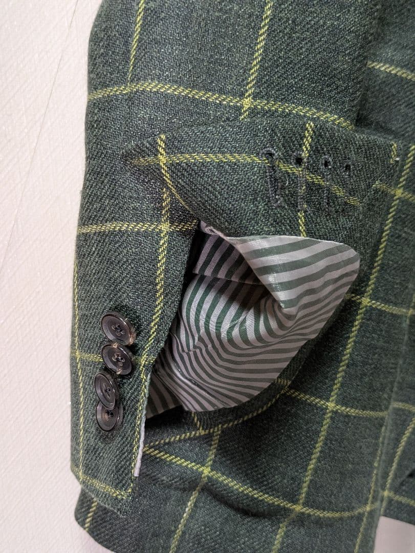 ★ルイジボレッリ メンズテーラードジャケット グリーン 46 本切羽 チェック柄