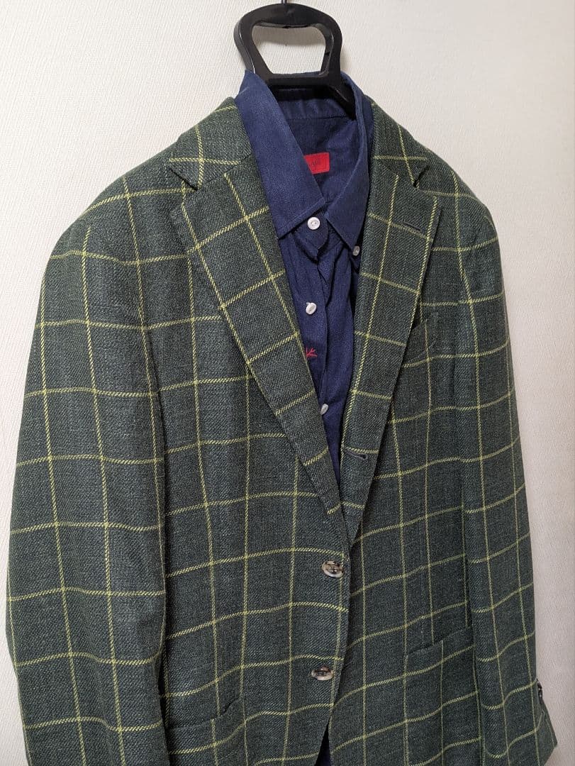 ★ルイジボレッリ メンズテーラードジャケット グリーン 46 本切羽 チェック柄