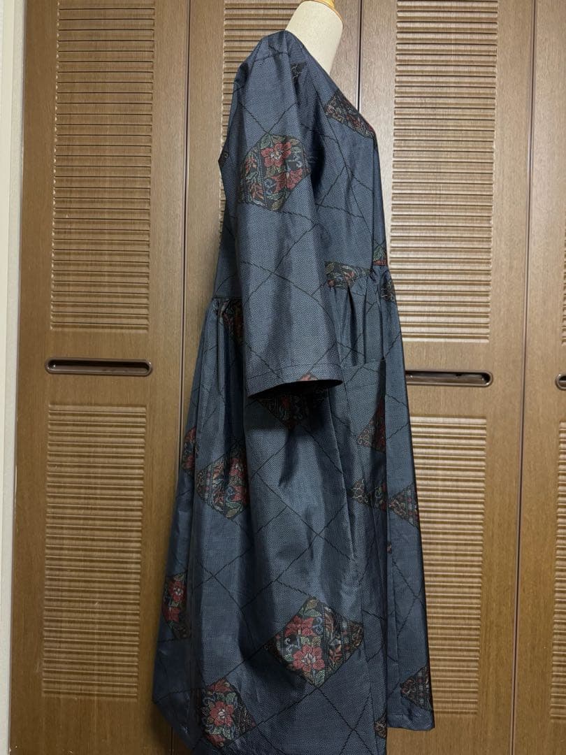 本場大島紬 ロングワンピース たっぷりギャザー 証紙