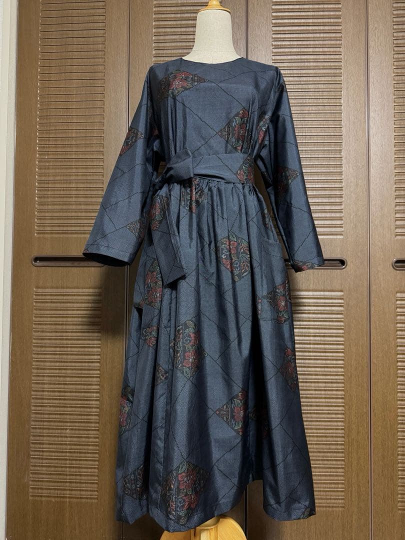 本場大島紬 ロングワンピース たっぷりギャザー 証紙