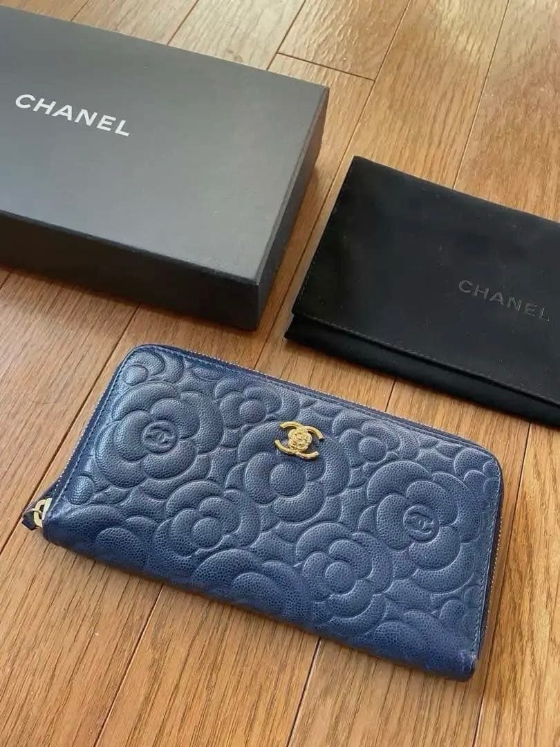 美品　CHANEL シャネル　カメリア　長財布　希少　ネイビーブルー　ウォレット