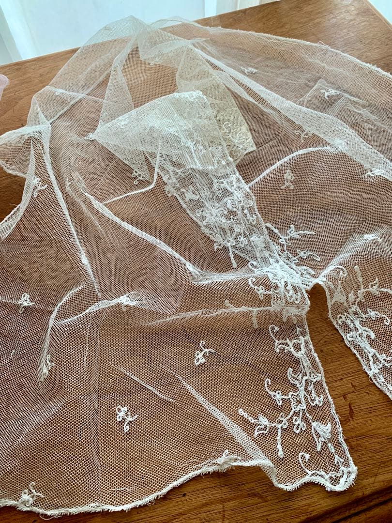 フランスアンティークチュールレースヴェール2点※ エクリュホワイトスカラップ刺繍