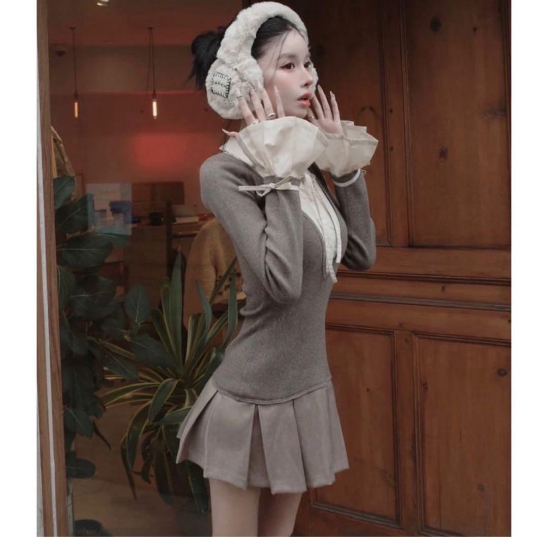 ダーリッチ シャツドッキングプリーツミニワンピース モカ